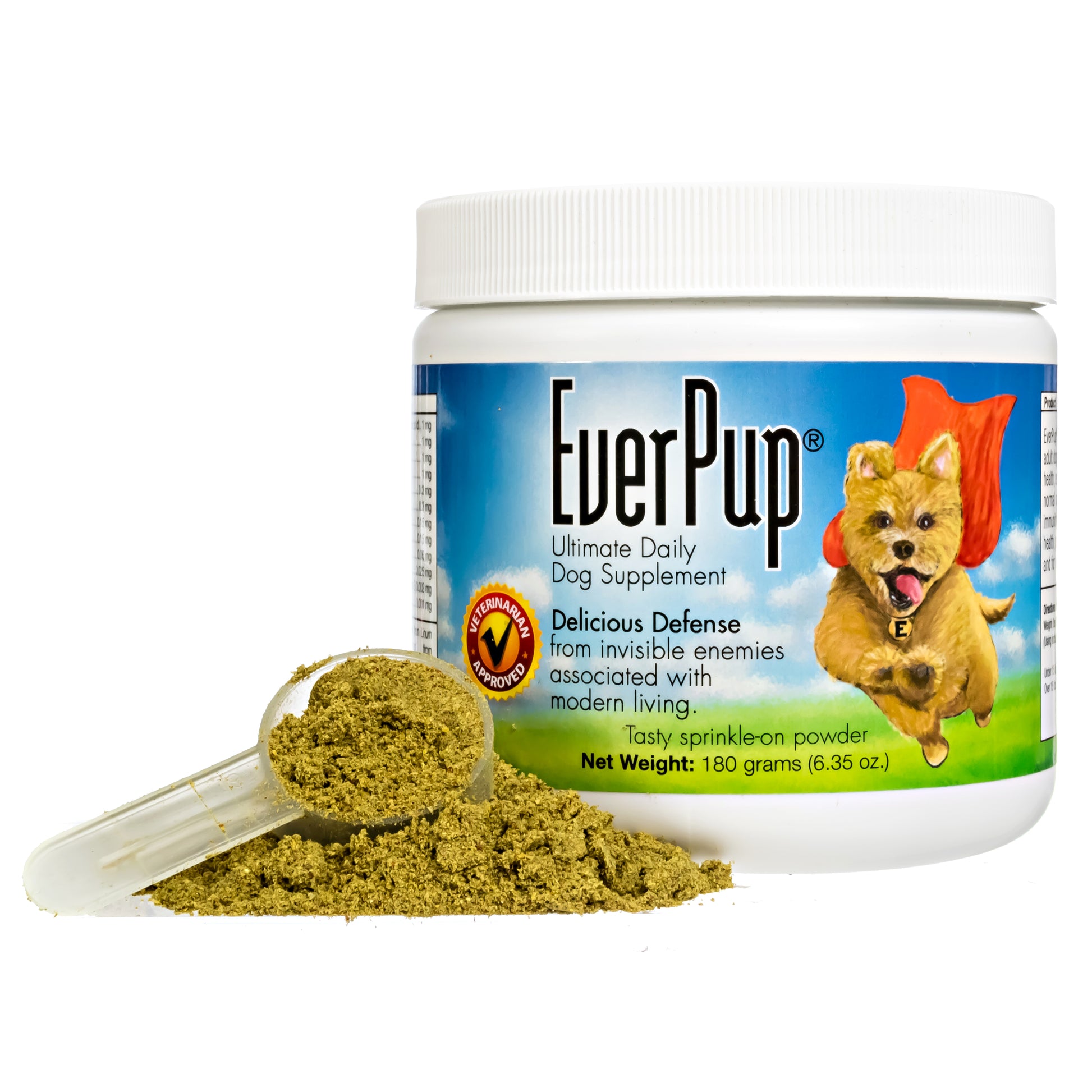 A container of EverPup Ultimate Daily Dog Supplement with a spoonful of the green powder supplement placed in front of it.